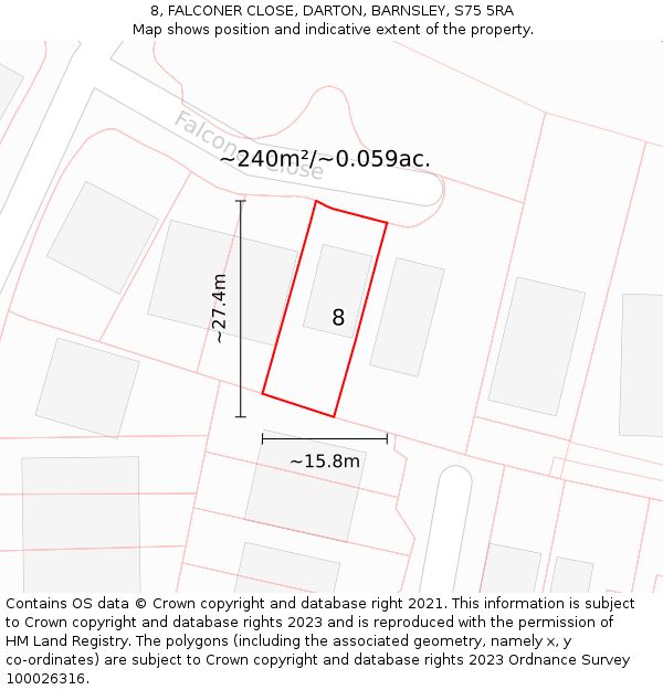 8, FALCONER CLOSE, DARTON, BARNSLEY, S75 5RA: Plot and title map