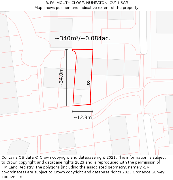 8, FALMOUTH CLOSE, NUNEATON, CV11 6GB: Plot and title map