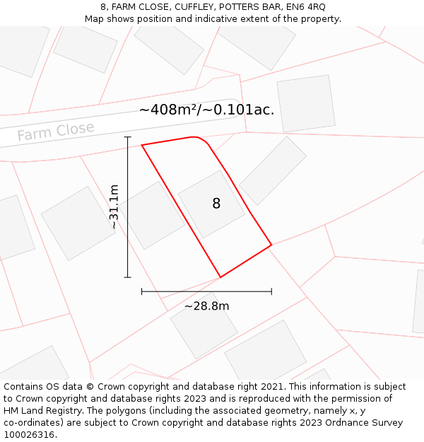8, FARM CLOSE, CUFFLEY, POTTERS BAR, EN6 4RQ: Plot and title map