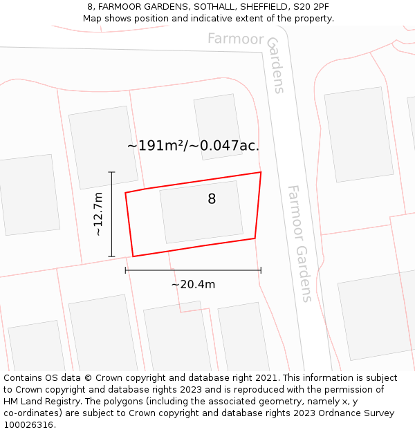 8, FARMOOR GARDENS, SOTHALL, SHEFFIELD, S20 2PF: Plot and title map