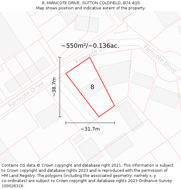 8, FARNCOTE DRIVE, SUTTON COLDFIELD, B74 4QS: Plot and title map