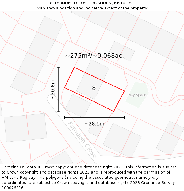 8, FARNDISH CLOSE, RUSHDEN, NN10 9AD: Plot and title map