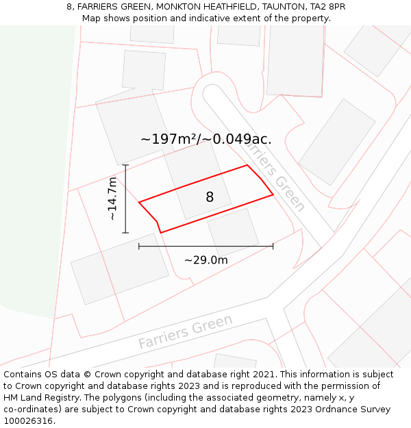 8, FARRIERS GREEN, MONKTON HEATHFIELD, TAUNTON, TA2 8PR: Plot and title map