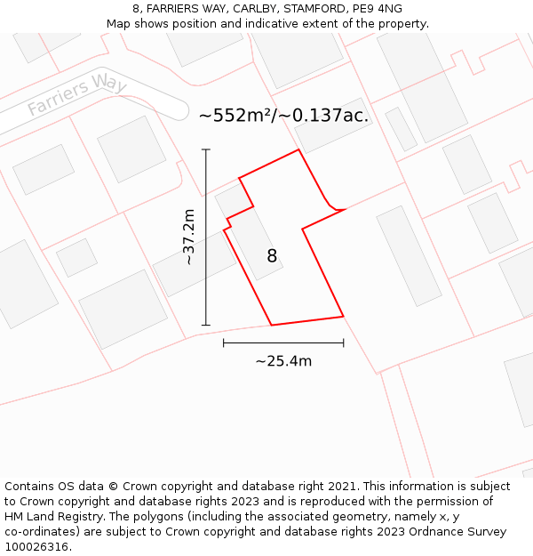 8, FARRIERS WAY, CARLBY, STAMFORD, PE9 4NG: Plot and title map