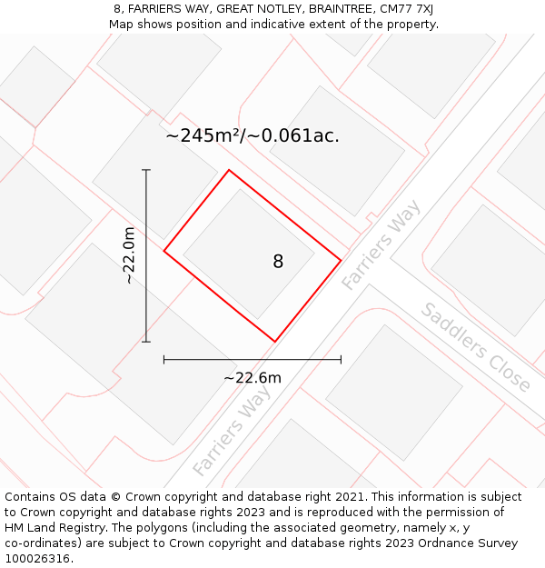 8, FARRIERS WAY, GREAT NOTLEY, BRAINTREE, CM77 7XJ: Plot and title map