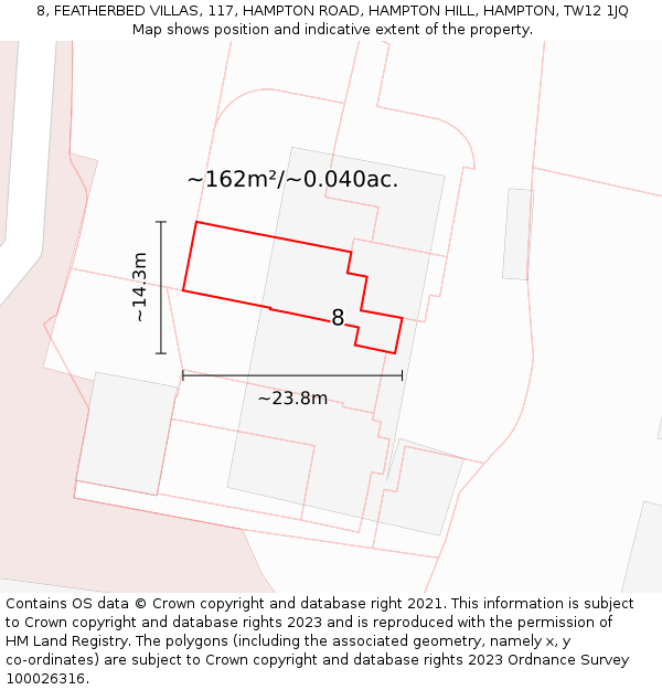 8, FEATHERBED VILLAS, 117, HAMPTON ROAD, HAMPTON HILL, HAMPTON, TW12 1JQ: Plot and title map