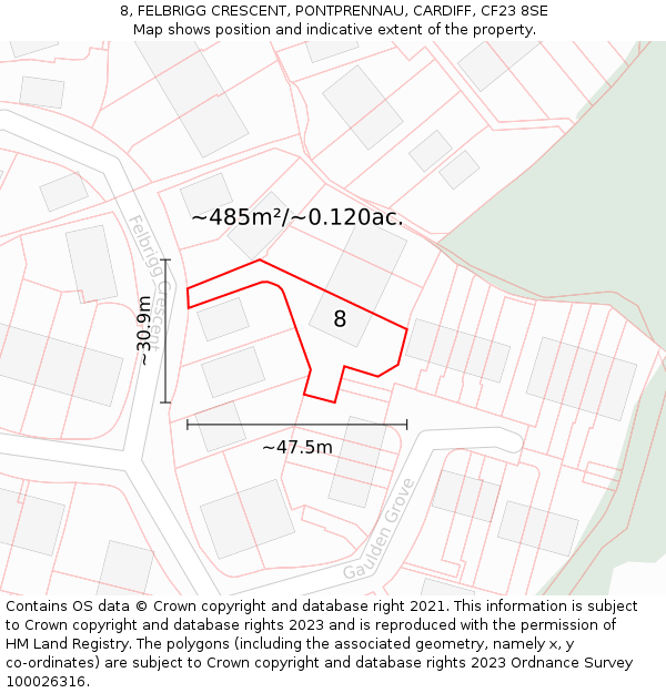 8, FELBRIGG CRESCENT, PONTPRENNAU, CARDIFF, CF23 8SE: Plot and title map