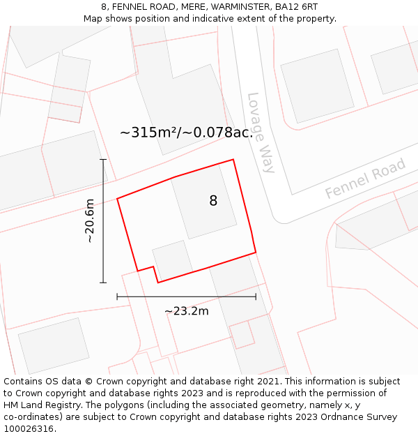 8, FENNEL ROAD, MERE, WARMINSTER, BA12 6RT: Plot and title map