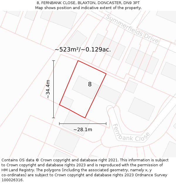 8, FERNBANK CLOSE, BLAXTON, DONCASTER, DN9 3PT: Plot and title map