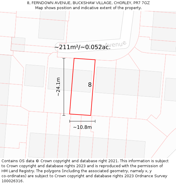 8, FERNDOWN AVENUE, BUCKSHAW VILLAGE, CHORLEY, PR7 7GZ: Plot and title map
