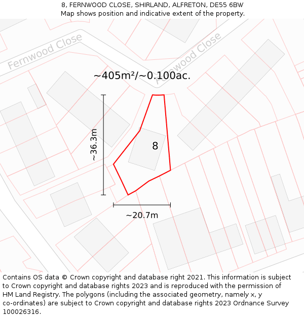 8, FERNWOOD CLOSE, SHIRLAND, ALFRETON, DE55 6BW: Plot and title map