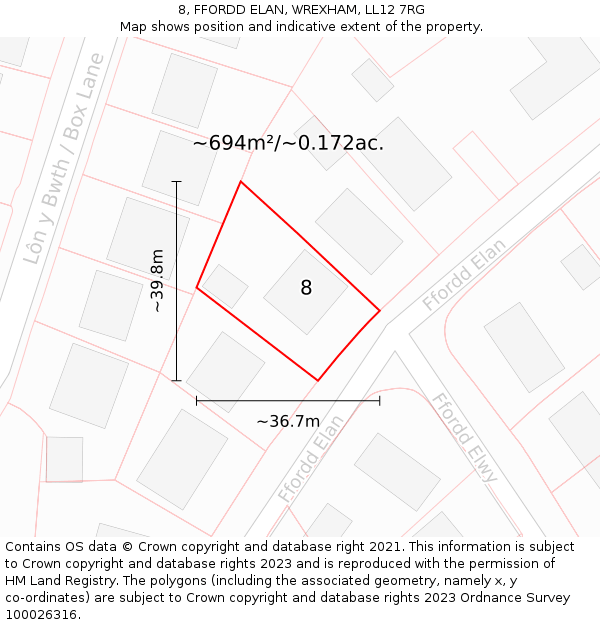 8, FFORDD ELAN, WREXHAM, LL12 7RG: Plot and title map