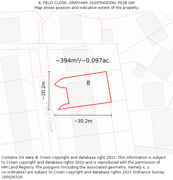 8, FIELD CLOSE, GRAFHAM, HUNTINGDON, PE28 0AY: Plot and title map