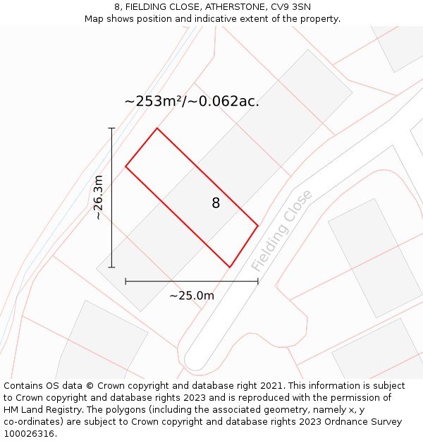 8, FIELDING CLOSE, ATHERSTONE, CV9 3SN: Plot and title map