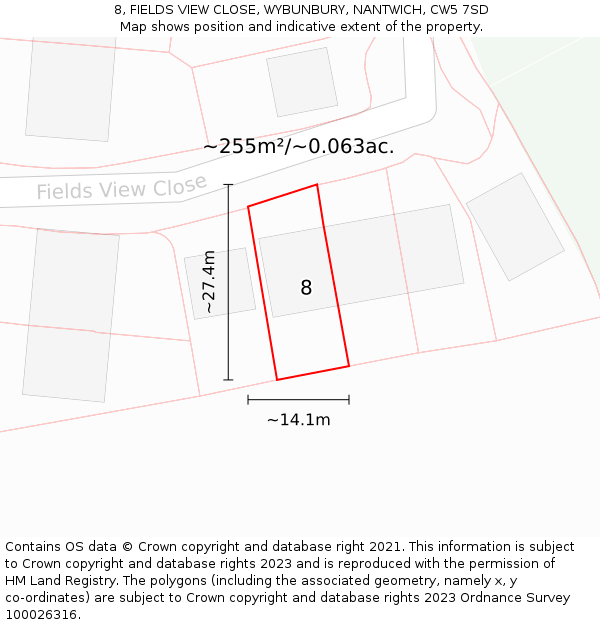 8, FIELDS VIEW CLOSE, WYBUNBURY, NANTWICH, CW5 7SD: Plot and title map