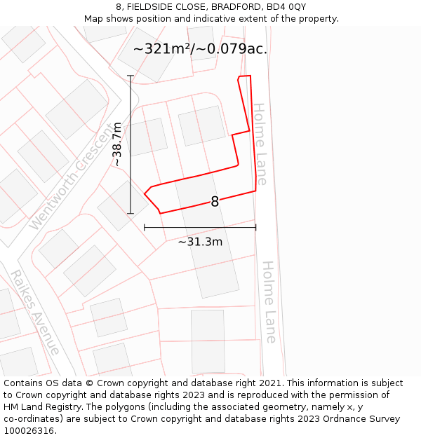 8, FIELDSIDE CLOSE, BRADFORD, BD4 0QY: Plot and title map