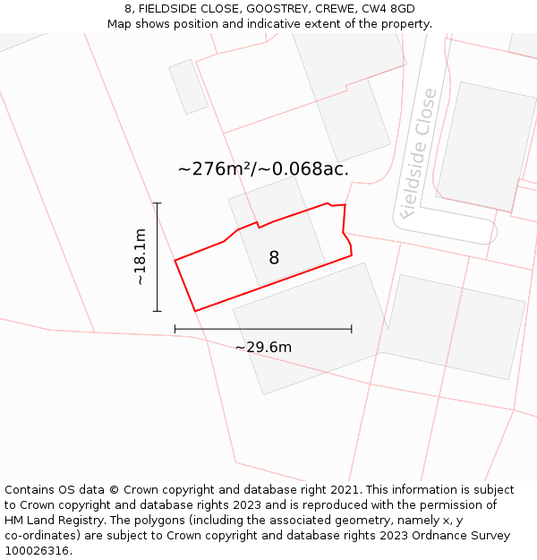 8, FIELDSIDE CLOSE, GOOSTREY, CREWE, CW4 8GD: Plot and title map