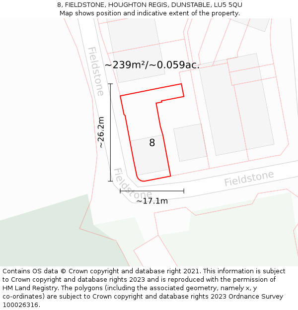 8, FIELDSTONE, HOUGHTON REGIS, DUNSTABLE, LU5 5QU: Plot and title map