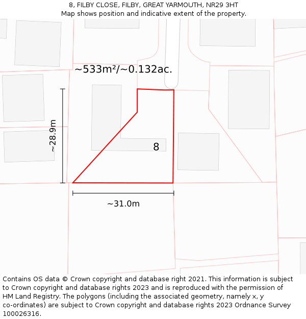 8, FILBY CLOSE, FILBY, GREAT YARMOUTH, NR29 3HT: Plot and title map