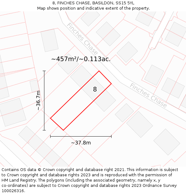 8, FINCHES CHASE, BASILDON, SS15 5YL: Plot and title map