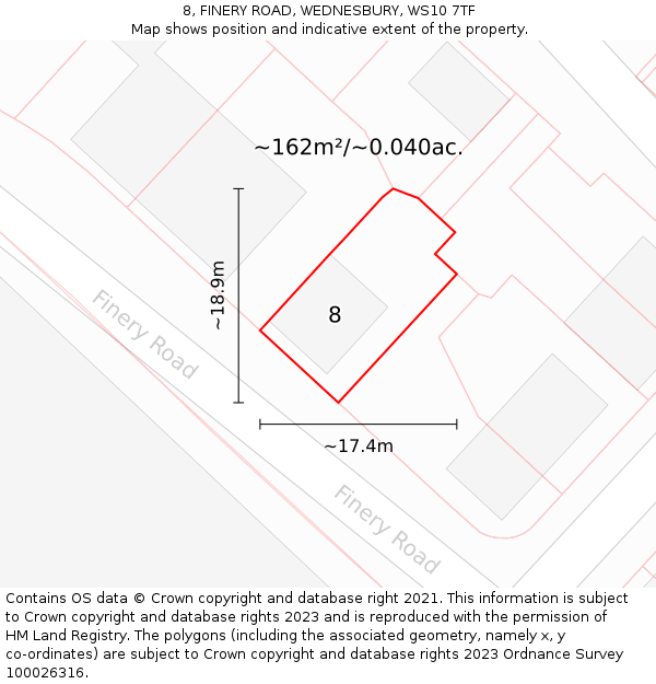 8, FINERY ROAD, WEDNESBURY, WS10 7TF: Plot and title map