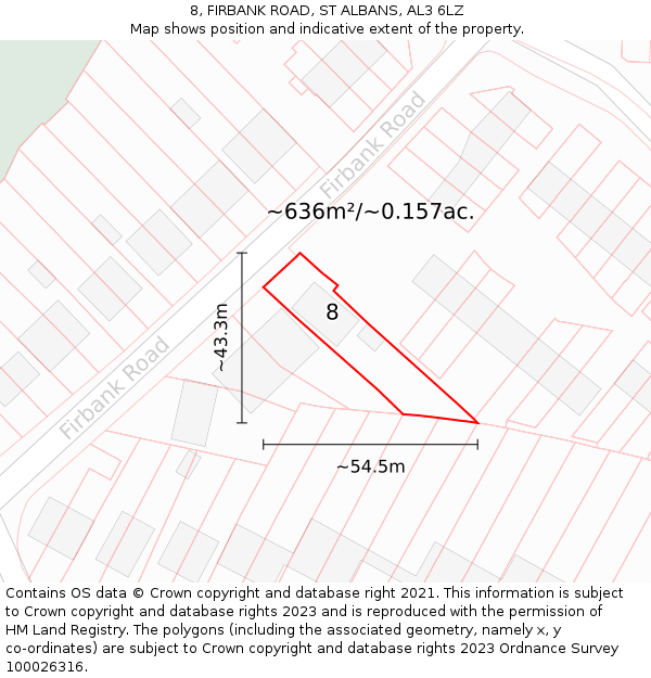 8, FIRBANK ROAD, ST ALBANS, AL3 6LZ: Plot and title map