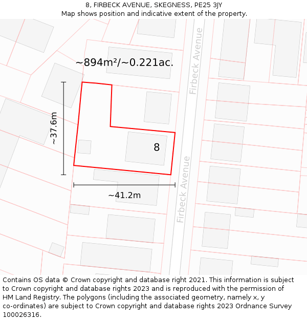 8, FIRBECK AVENUE, SKEGNESS, PE25 3JY: Plot and title map