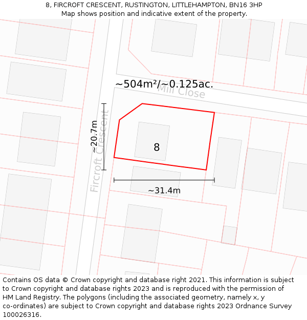 8, FIRCROFT CRESCENT, RUSTINGTON, LITTLEHAMPTON, BN16 3HP: Plot and title map