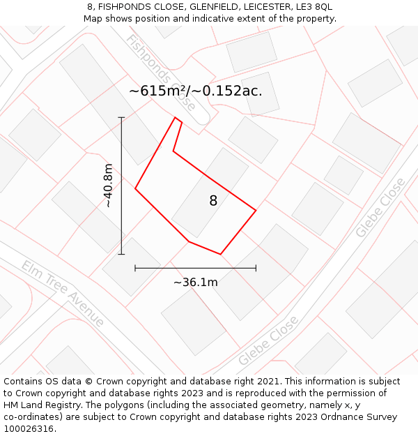 8, FISHPONDS CLOSE, GLENFIELD, LEICESTER, LE3 8QL: Plot and title map