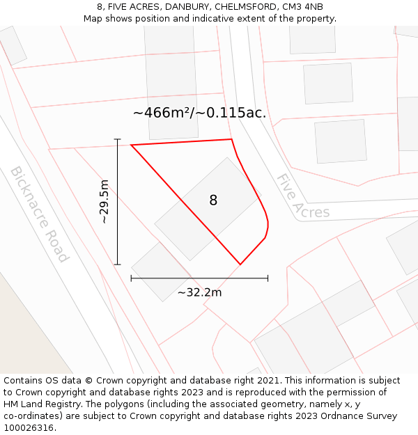 8, FIVE ACRES, DANBURY, CHELMSFORD, CM3 4NB: Plot and title map