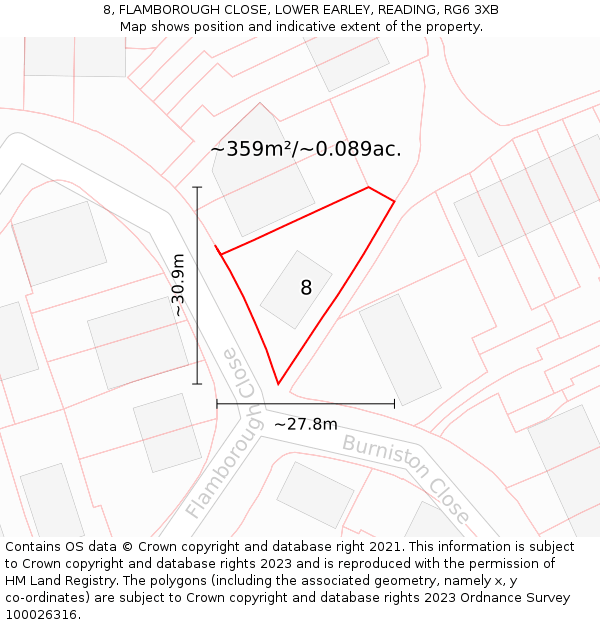 8, FLAMBOROUGH CLOSE, LOWER EARLEY, READING, RG6 3XB: Plot and title map