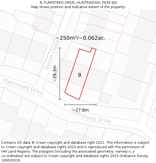 8, FLAMSTEED DRIVE, HUNTINGDON, PE29 6JG: Plot and title map