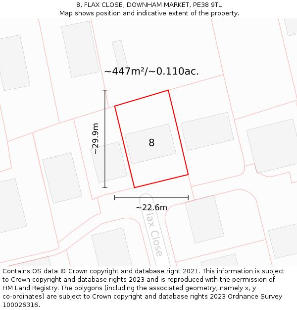 8, FLAX CLOSE, DOWNHAM MARKET, PE38 9TL: Plot and title map
