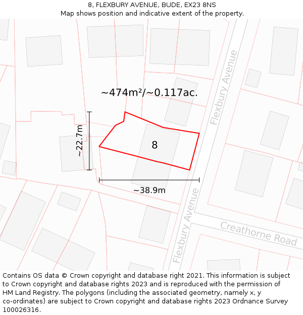 8, FLEXBURY AVENUE, BUDE, EX23 8NS: Plot and title map
