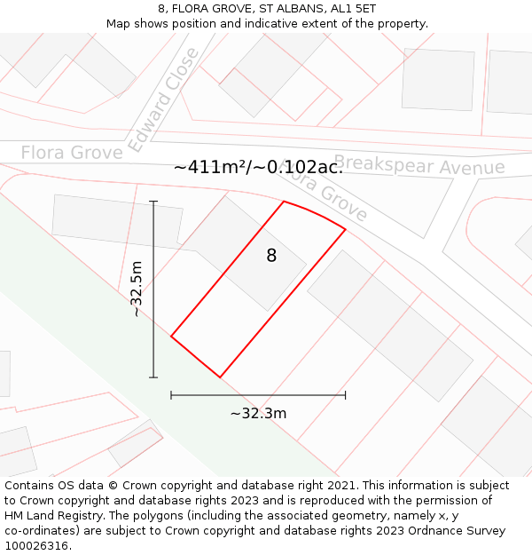 8, FLORA GROVE, ST ALBANS, AL1 5ET: Plot and title map