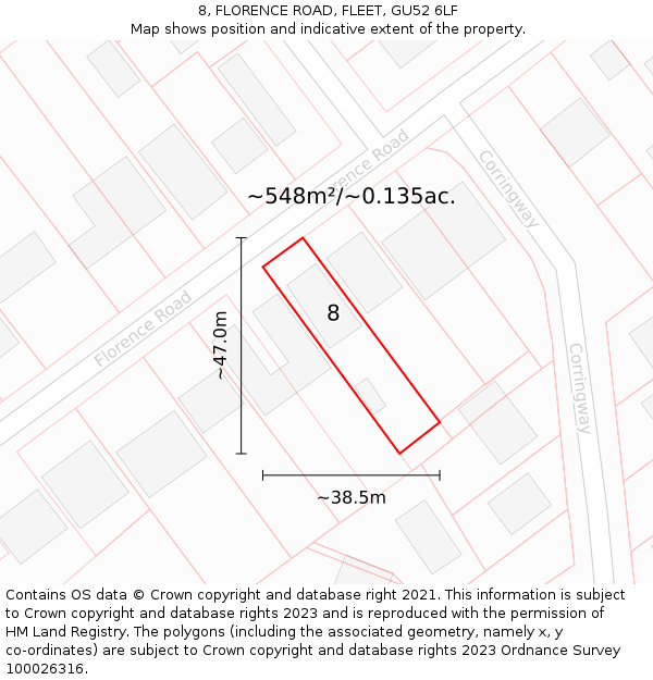 8, FLORENCE ROAD, FLEET, GU52 6LF: Plot and title map