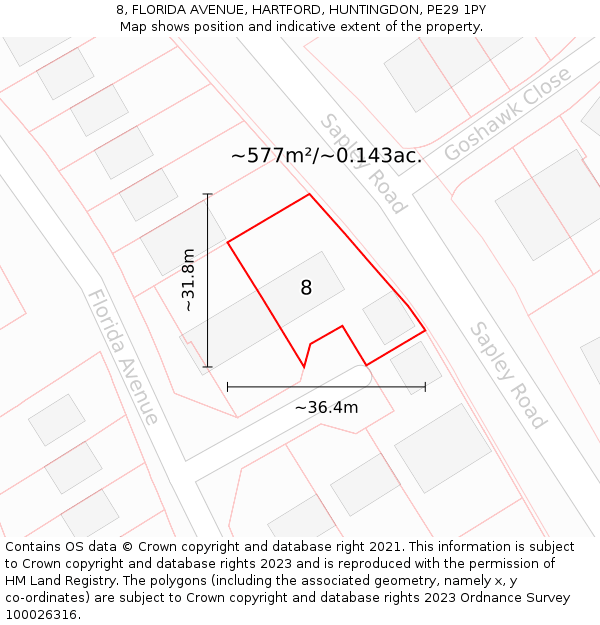 8, FLORIDA AVENUE, HARTFORD, HUNTINGDON, PE29 1PY: Plot and title map
