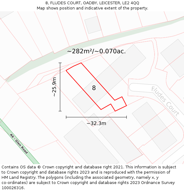 8, FLUDES COURT, OADBY, LEICESTER, LE2 4QQ: Plot and title map