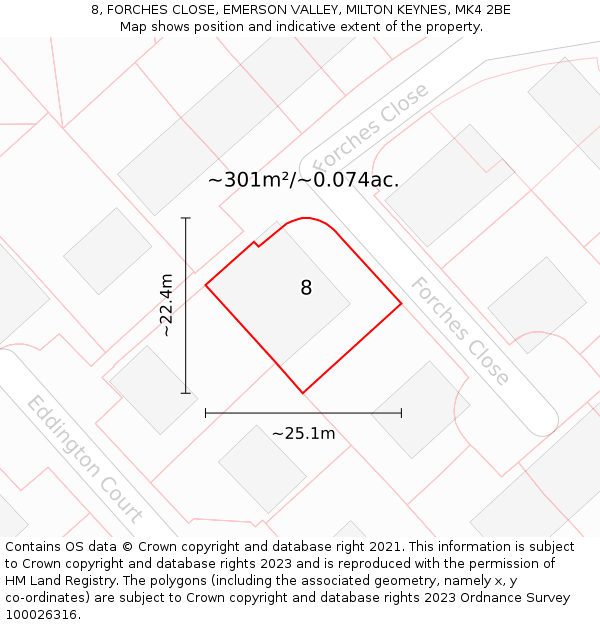8, FORCHES CLOSE, EMERSON VALLEY, MILTON KEYNES, MK4 2BE: Plot and title map
