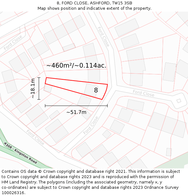 8, FORD CLOSE, ASHFORD, TW15 3SB: Plot and title map