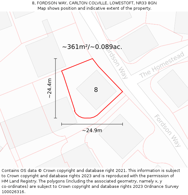 8, FORDSON WAY, CARLTON COLVILLE, LOWESTOFT, NR33 8GN: Plot and title map