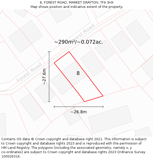 8, FOREST ROAD, MARKET DRAYTON, TF9 3HX: Plot and title map