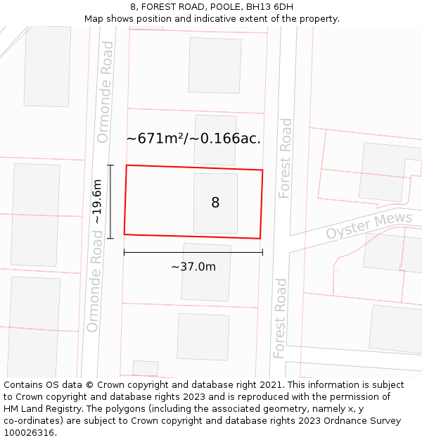 8, FOREST ROAD, POOLE, BH13 6DH: Plot and title map
