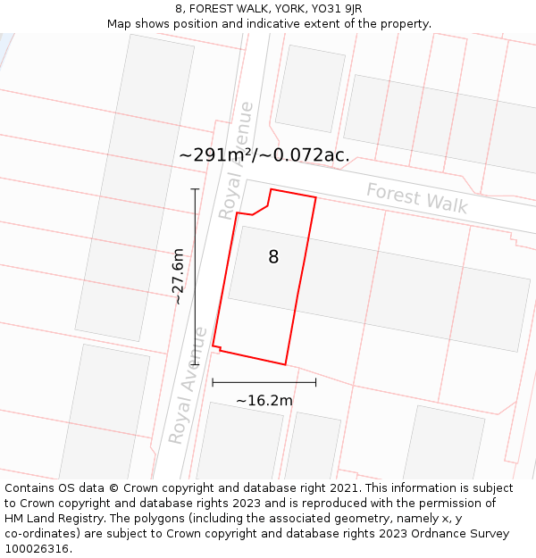 8, FOREST WALK, YORK, YO31 9JR: Plot and title map