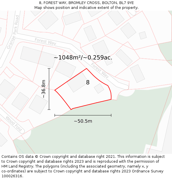 8, FOREST WAY, BROMLEY CROSS, BOLTON, BL7 9YE: Plot and title map