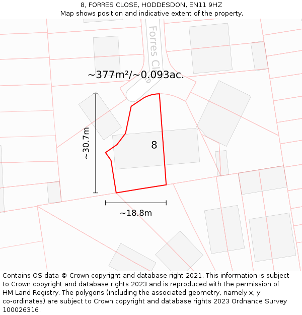 8, FORRES CLOSE, HODDESDON, EN11 9HZ: Plot and title map