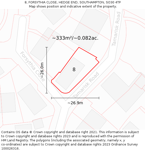 8, FORSYTHIA CLOSE, HEDGE END, SOUTHAMPTON, SO30 4TP: Plot and title map