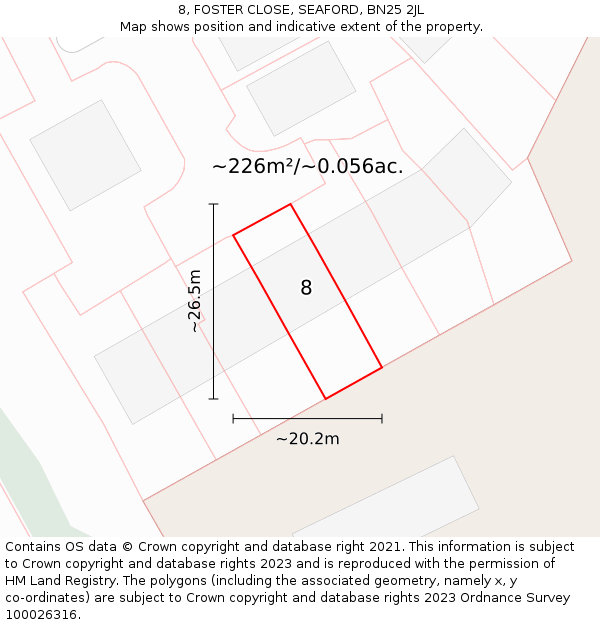 8, FOSTER CLOSE, SEAFORD, BN25 2JL: Plot and title map