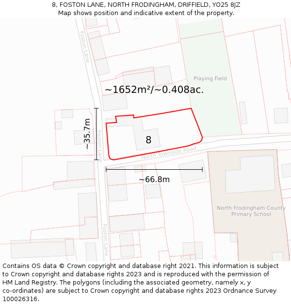 8, FOSTON LANE, NORTH FRODINGHAM, DRIFFIELD, YO25 8JZ: Plot and title map