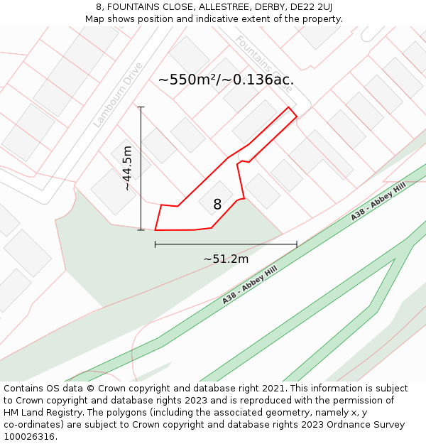 8, FOUNTAINS CLOSE, ALLESTREE, DERBY, DE22 2UJ: Plot and title map